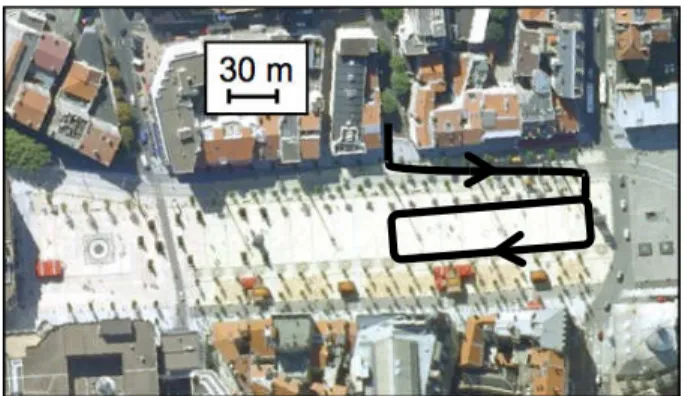 Fig. 6. City center of Clermont Ferrand, with one of the navigation paths where the urban experiments have been carried out.