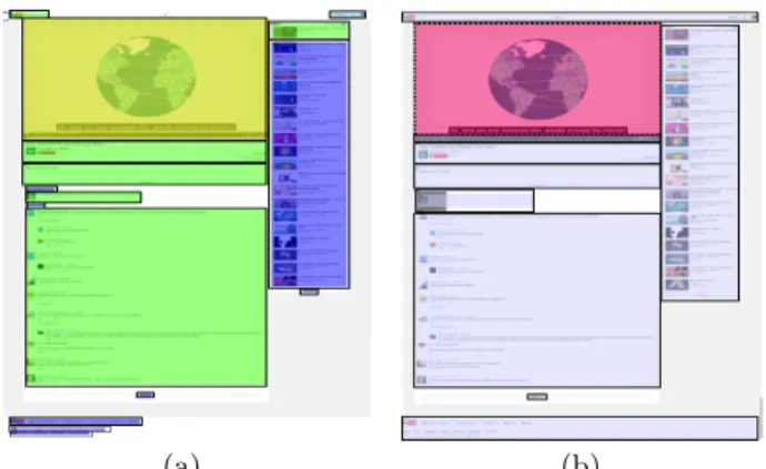 Figure 3: Segmentation results on a YouTube page (a) BoM with pG = 0.31 (b) MSoS with pG = 0.31 and 0.36 is why we decided to configure BoM with this value