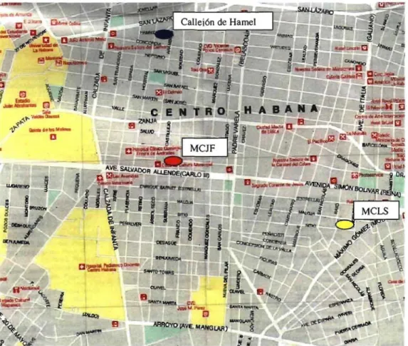 Figure 2:  Carte de la municipalité de Centro &#34;abana. Emplacement du Callejon de  Hamel et des deux  maisons de la culture de la municipalité