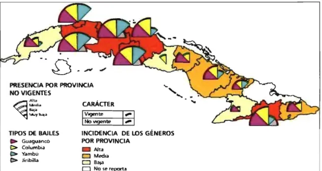 Figure 3:  Représentativité de la rumba par provinces. Source: Atlas ethnographique de Cuba 