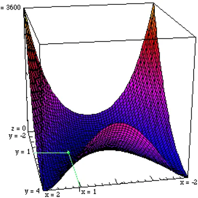 Figure 8 Fonction de Rosenbrock FR (x, y) = 100(x2 - y)2 + (1 - x)2 minimum 0 en (1, 1), la vallée dont les bords sont très abrupts dès que |x| &gt; 2, est courbe et le minimum se trouve en un endroit extrêmement plat