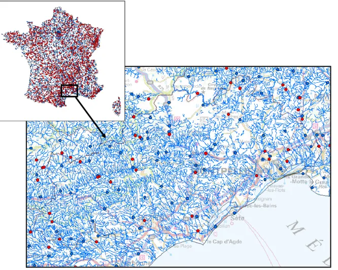 Figure 2 : Localisation des données hydro-météorologiques disponibles sur les banques de données :  zoom sur le département de l’Hérault