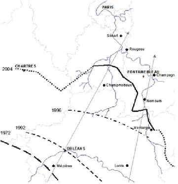 Figure 10 - Évolution du front d'expansion de la chenille processionnaire du pin dans le Bassin  Parisien entre 1972 et 2004 (INRA-Orléans) 