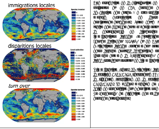Figure 14 - Impact du réchauffement de l’océan (scénario A1B) sur la répartition de 1066 poissons  et invertébrés marins à l’horizon 2050 (Cheung et al., 2009) 