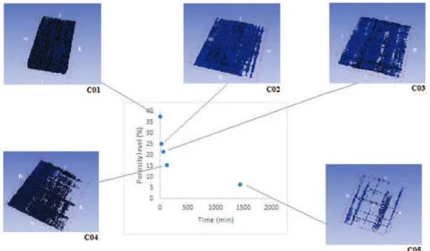 FIGURE  6. Porosity level as a function of the Compaction time and void representative pictures (Blue) 