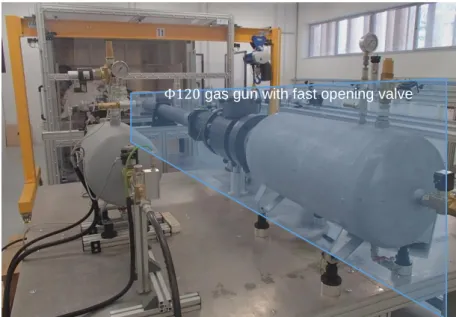 Figure 3: Impact test facility under development (located at Institut Clément Ader)  Bird strike tests require a gas gun with a large barrel of inner diameter between 100  and 200mm to be able to launch 1.8 to 3.6kg birds (or substitute)