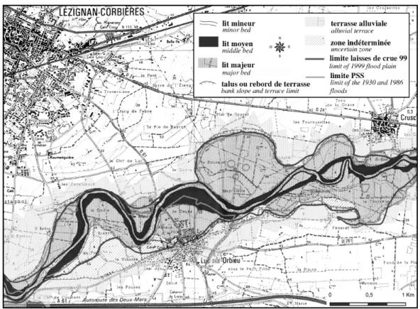 Figure  4 :  Crues    de  Novembre  1999    dans    le    sud    de    la    France :  carte  hydrogéomorphologique d’un tronçon de l’Orbieu, et limites des laisses de crues