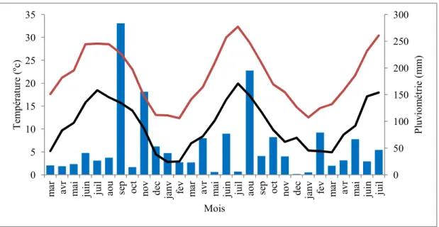Figure 8-  Evolution des températures journalière minimales (ligne noire) et maximale (ligne rouge) (ºC) et de la  pluviométrie (colonnes bleus (mm)) de Mars 2014 à Juillet 2016