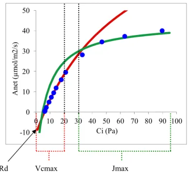Figure  11- Illustration  graphique  de  l’ajustement  et  estimation  des  paramètres  de  Farquhar  (Vcmax,  Jmax,  Rd,  µmol/m 2 /s)