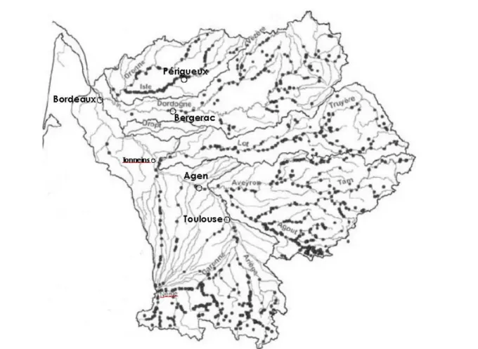 Figure 7 :  Densité des aménagements hydroélectriques sur le bassin de la Garonne et de la Dordogne en 2007 (tiré du  Comité de Bassin Adour-Garonne 2008 / SDAGE 2010 en projet)   
