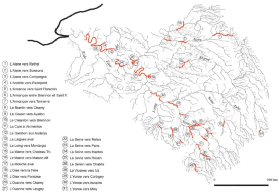 Figure 2.2 : Les différents secteurs de cours d’eau du bassin de la Seine retenus pour  l’analyse 