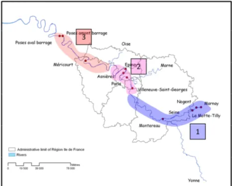 Figure 2.8 : Localisation des principales stations sur l'axe Seine et des trois secteurs  d’étude 