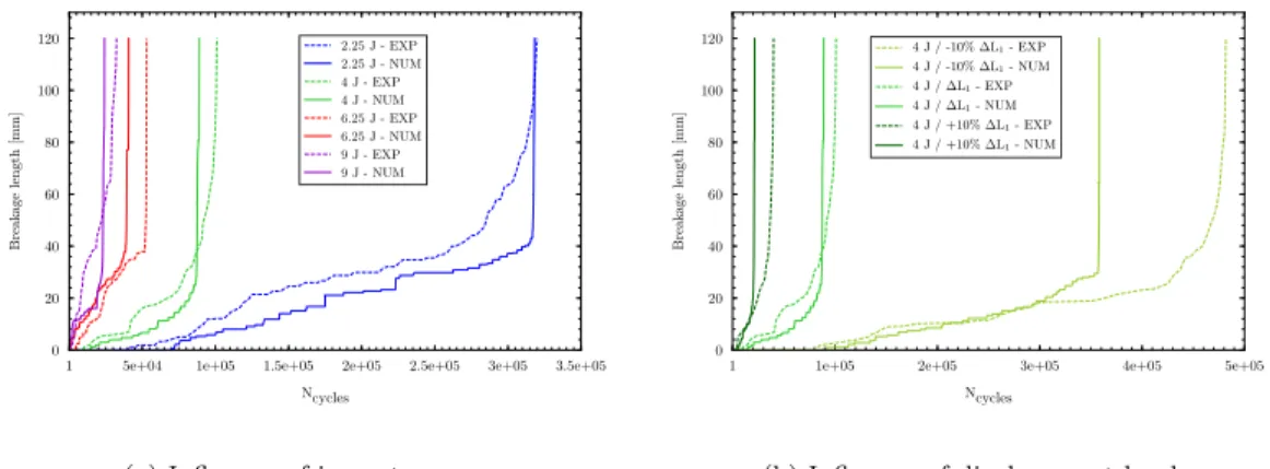 Figure 15: Length evolution of fibres breakages depending on the number of cycles in the upper glass ply of the configuration G0C45C45