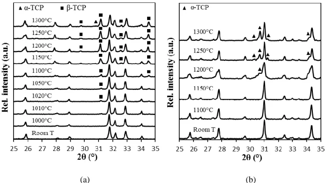 Figure 5: XRD patterns of (a) HA calcined from 1000 to 1300°C, showing the formation of -  and β-TCP (the non-indexed peaks correspond to HA) and (b) β-TCP calcined from 1100 to 