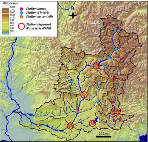 Figure 10 : Contour du bassin versant de la Durance à sa confluence avec le Rhône et échantillons de stations du projet 