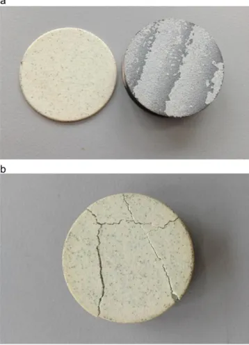 Fig. 14. Failure of an APS specimen after 230 cycles (a), and an APS-SFPB specimen after 350 cycles (b) (diameter of specimens is 25 mm).