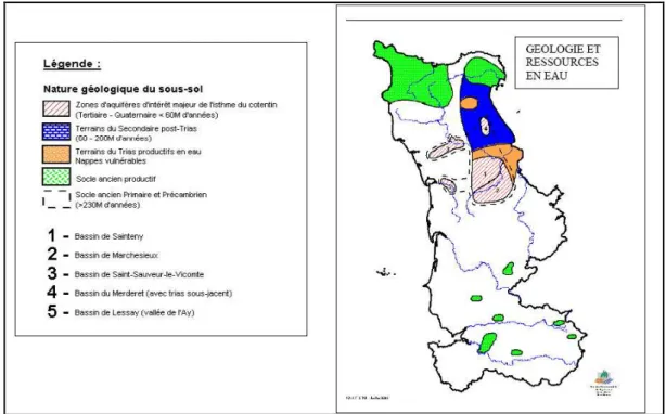 Figure 1 - L’impact de la géologie sur les ressources en eau dans le département de la Manche (source :  Freslon, 2005) 