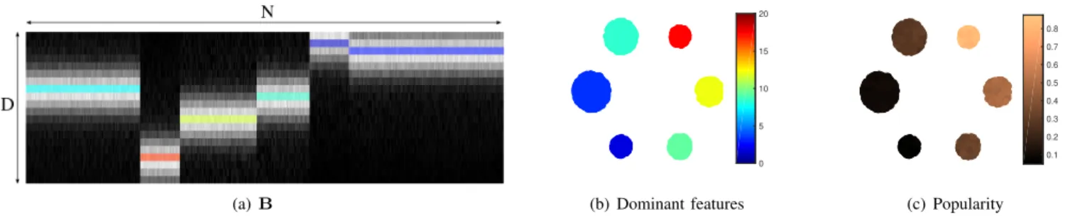 Fig. 2: Synthetic dataset for experiments. (a) the D ×N matrix B containing the features of each item of the dataset (black = 0, white = 1, color = the dominant feature in the colormap of (b)), (b) the dataset’s embedding and the representation of the domi