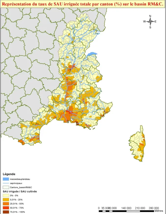 Figure 5 : Représentation du taux de SAU irriguée sur le bassin RMC (RGA, 2010) 