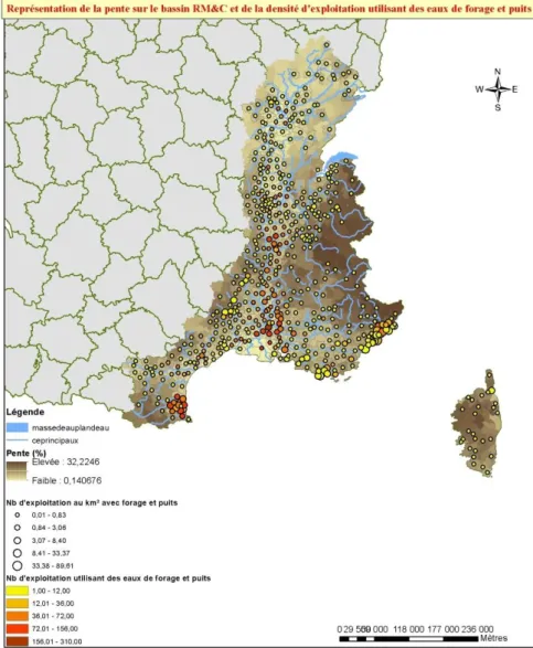 Figure 12 : Carte de la densité d'utilisation des eaux de forages et de  la pente moyenne (%) sur le bassin RM&amp;C (RGA, 2010)