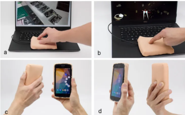 Figure 13. Applications for interface control. a) Leveraging physical in- in-teraction (pinch and stretch), b) Virtual joystick with micro-inin-teractions, c) Grab detection to display an adaptive pie menu, d) a pressure menu