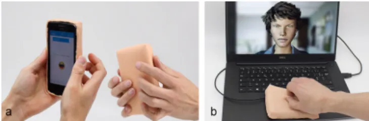Figure 14. Examples of applications for emotional communication. a) Tactile expression for mediated communication, b) Communication with a virtual agent.