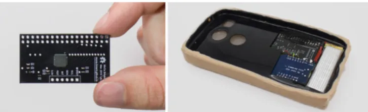 Figure 12. Data processing to detect multi-touch (top) or grab (bottom) gestures: a- Gesture, b-Raw sensor data, c-5x upscale image, d-  Con-tours and Blobs detection.