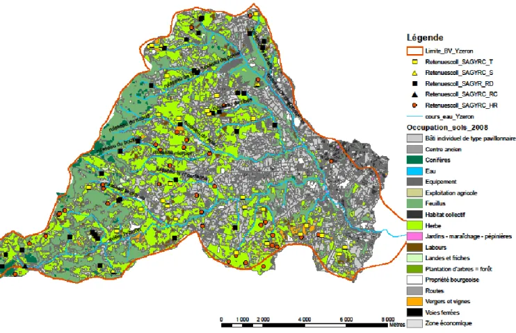 Figure 5 : Bassin versant de l'Yzeron, typologie des retenues (BRL-Ingénierie, 2006, SAGYRC, 2013) 