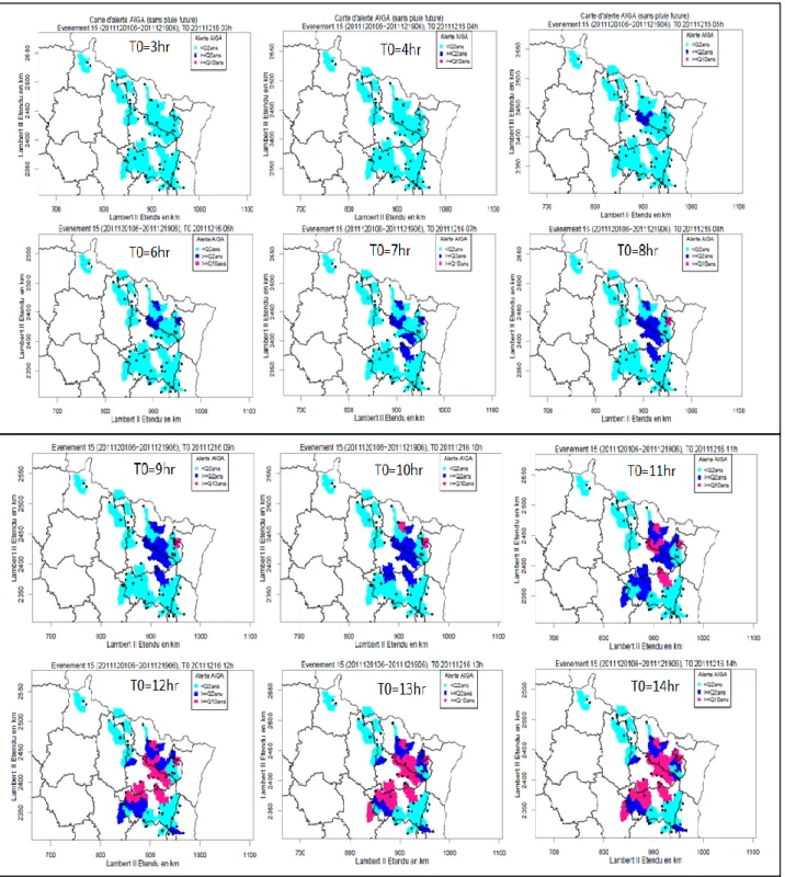Figure 15 : Carte des alertes AIGA (basées sur le débit simulé) pour les débits biennal et décennal pour le  16 décembre 2011 de 03h à 14h (TU) pour la zone Meuse-Moselle  