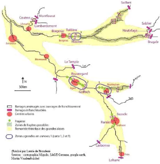 Figure  1:  Localisation  des  zones  de  frayères  de  la  grande  alose  sur  le  bassin  Gironde  Garonne  Dordogne  (cartographie réalisée par L de Brondeau) 