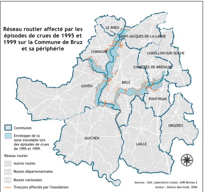 Figure 11 : Réseau routier affecté par les crues de 1995 et 1999 - commune de Bruz 