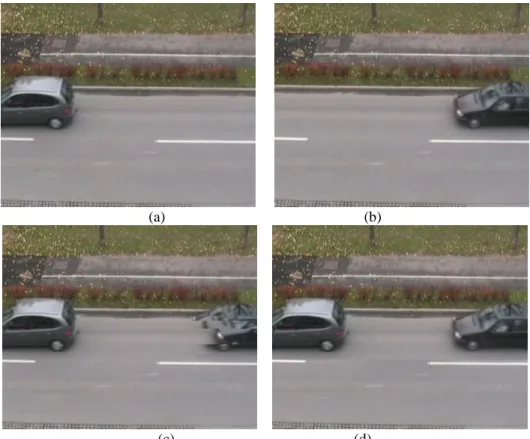 Fig. 6  Video-A summary: (a) original frame at t = 17, (b) original frame at t = 58, (c) frame after seam carving without  constraint at  t= 17, (d) frame after spatio-temporal grouping with constraint for seam carving at t=17 