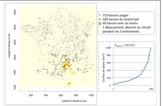 Figure 3 : Carte des 719 bassins versants calibrés et régionalisés en France, dont 185 bassins de la zone  Grand Sud ont été sélectionnés pour cette étude, avec leur distribution de surface  