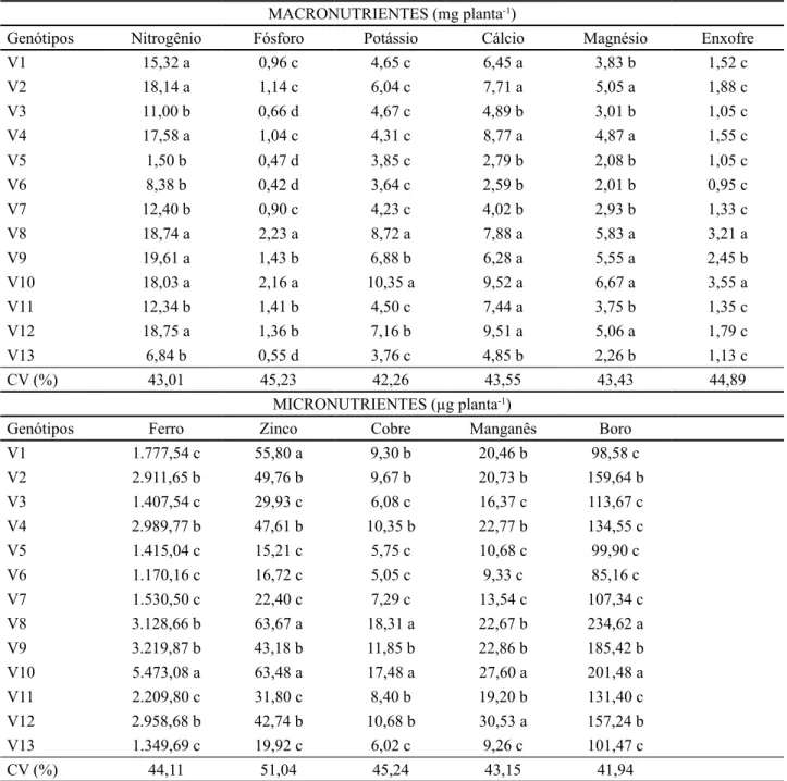 Tabela  – Médias do conteúdo de nutrientes no sistema radicular de mudas clonais de Coffea canephora, variedade 