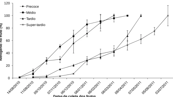 Figura  3.  Porcentagem  de  acúmulo  médio  de  nitrogênio  em frutos  de  cafeeiros  em  função do tempo decorrido após a antese