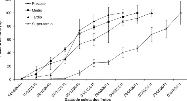 Figura  4.  Porcentagem  de  acúmulo  médio  de  fósforo  em  frutos  de  cafeeiros  em  função do tempo decorrido após a antese