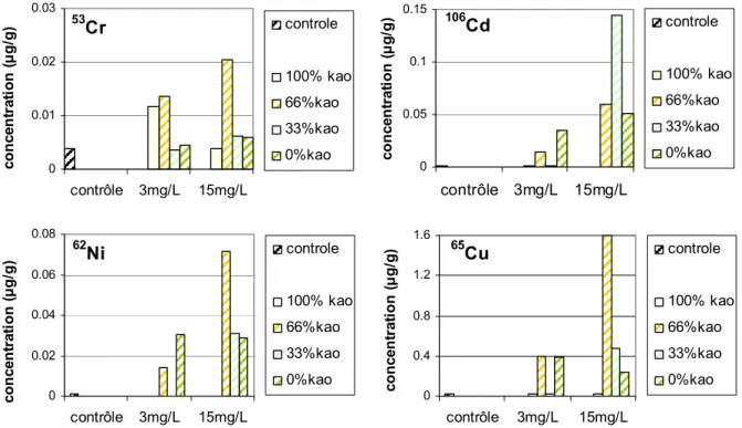 Figure 5: Concentration en  62 Ni,  65 Cu,  106 Cd et  53 Cr (µg/g ps ) dans les tissus de dreissènes exposées 2h au  filtrat des différents milieux