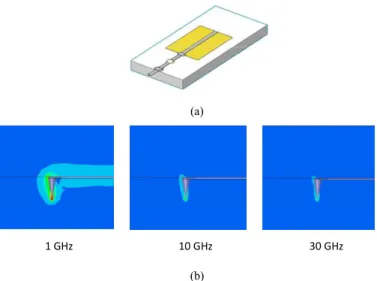 Fig. 1. (a) RMN® probe configuration. (b) HFSS simulation of the electrical  field magnitude as a function of the frequency of operation