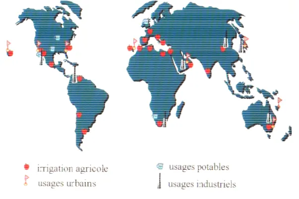 Figure 4 : Répartition par usage et localisation des expériences mondiales les plus importantes en REUT 