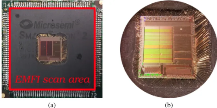 Figure 7. Microsemi SmartFusion2 with its package decapsulated in the center (a), revealing the silicon die (b).
