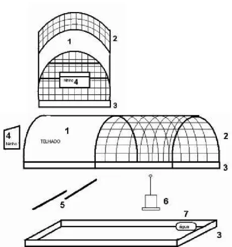 FIGURA 4. Detalhes do aviário móvel. 1. Telhado; 2. Tela de arame; 3. Base de madeira; 4
