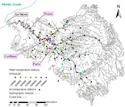 Fig. 1. Map of the Seine River basin, locating the monitoring stations of air and water temperature