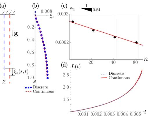Figure 8.4: Straight viscous beam sagging under gravity. Initially straight thread of viscous fluid having viscosity η = 2, density ρ = 100, initial radius r 0 = 10 −2 and length L 0 = 1 sagging under gravity