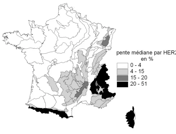 Figure  4  -  Cartes  des  hydro-écorégions  de  montagne  (pentes  médianes  supérieures ou égales à 4%) 