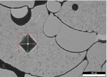 Fig. 9. Optical micrograph of an indent impression of as-sprayed  NiCrBSiFeC coating under a load of 100 g 