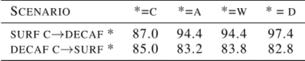 Table 2: Average accuracy rates on domain adaptation scenarii described by different features