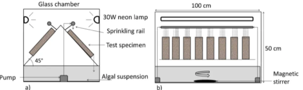 Figure  1:  Laboratory  bench of  the  colonization  of  mortars  by  streaming  of  algal  suspension;  (a):  seen  from aside, (b): front view 