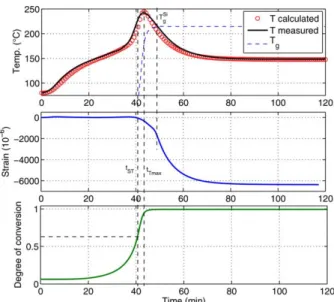 FIG. 6. Temperature, mechanical strain, and degree of conversion ver- ver-sus time for the temperature increase and the cure plateau at 148 ! C of the RTM6 curing cycle in the RM mold