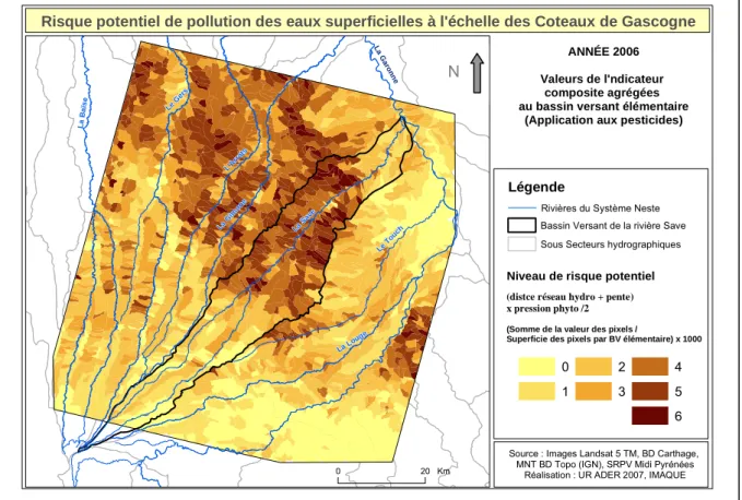 Fig. 8- Estimation du risque de transfert des phytosanitaires calculé par zone hydrographique 