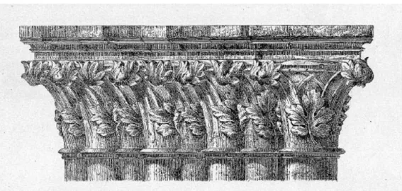 Fig. 4. Détails des chapiteaux du portail occidental de l’église du couvent des dominicains de Dijon (Pierre Degré, architecte ; in P.  FOISSET , « Église des Dominicains à Dijon, dite des Jacobins », MCADCO, 9 (1874-1877), pl